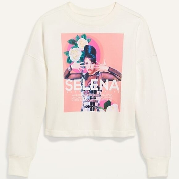 Old Navy Oversized Cropped Licensed Pop Culture Graphic Selena Ivory Sweatshirt - Picture 1 of 10